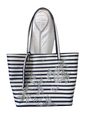 Tommy Bahama Floral Stripe Tote W/Pouch Navy White Faux Leather Travel Beach 90s